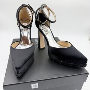 Badgley Mischka Eliana Ankle Strap Crystal Satin Black Platform Block Heel 6.5